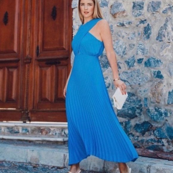 ZARA BLUE BLUE CRISS CROSS HALTER LONG DRESS - Picture 2 of 10